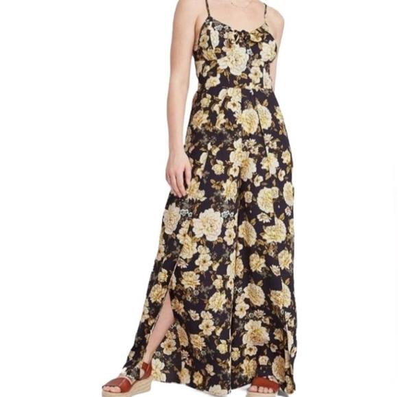 Xhilaration NWT S Navy Blue Floral Wide-Leg Slit Leg Jumpsuit Romper - Picture 1 of 14